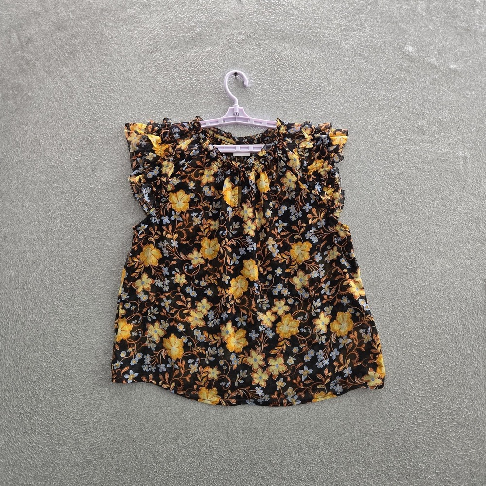 Old Navy Women Blouse L Black Floral Chiffon Peasant Ruffle Elastic